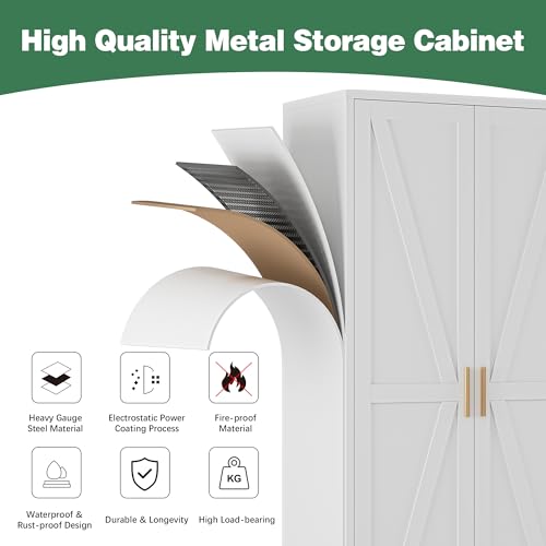 Image of 71 inch Metal Storage Cabinet, Tall Utility Closet Cabinet with Hanging Rod, Farmhouse Metal Broom Closet for Laundry Room Garage, Steel Wardrobe Cabinets for Bedroom