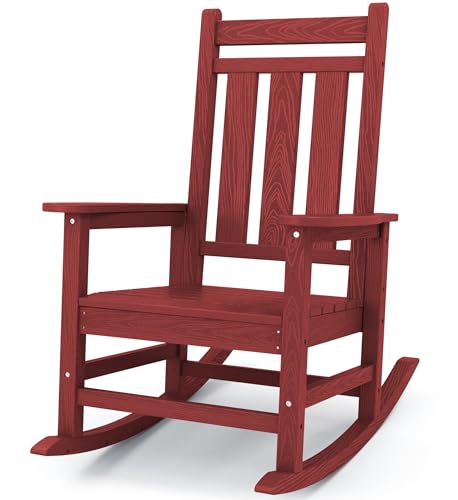 Image of KINGYES Oversized Outdoor Rocking Chair, All-Weather Patio Rocking Chairs for Porch, HDPE Outdoor Patio Rockers with High Back & Wide Seat for Garden, Lawn, Red