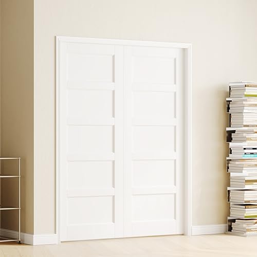 Image of 28 inch x 80 inch Pantry Door, 5 Panel Solid MDF Core Single Interior Door Slab for Bedroom, French Style Closet Doors, White Primed (Hinges Not Included)