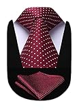 HISDERN Mens Neckties Wine Extra Long Red Ties for Men Polka Dots XL Tie and Pocket Square Woven Classic Silk Men's Necktie Handkerchief Set