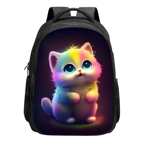 Cat Backpack for Girls Boys, Cute Cat Rainbow Colorful School Backpack Bookbag, 16 Inch Kindergarten Elementary School Backpack for School & Travel, Kawaii Kitten Cat Animal Print