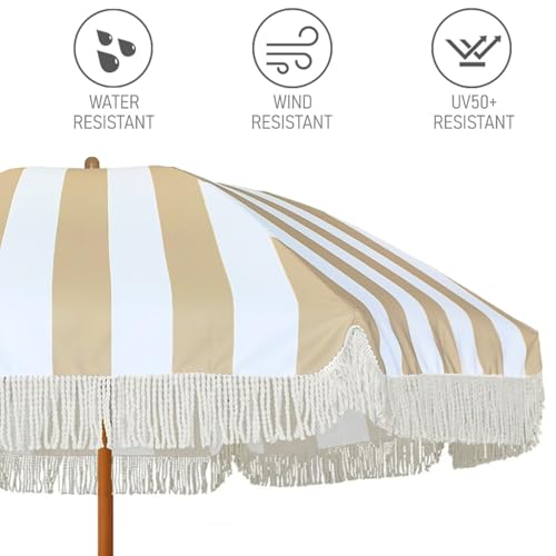 Image of AMMSUN 7ft Patio Umbrella with Fringe Outdoor Tassel Umbrella UPF50+ Premium Steel Pole and Ribs Push Button Tilt, Stripe Beige