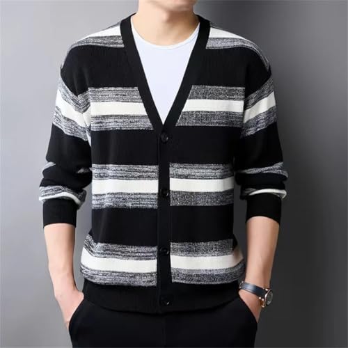 Men's Casual Knitted Pockets V-Neck Striped Single Breasted Cardigan Long Sleeve Sweater3