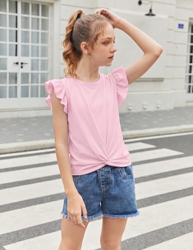 Image of Arshiner Girls Shirt - Short-Sleeve Twist Front T-Shirt for Girls with Cute Flying Sleeves - Summer Blouse Tunic Tee Tops
