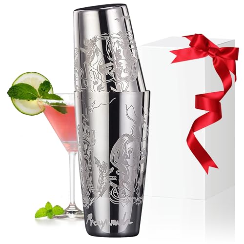 Boston Shaker en acier inoxydable avec motif gravé – 2 shaker à cocktail non lesté de 532 ml et 793,8 g, kit de mélangeur professionnel pour martini (pirate et reinee)