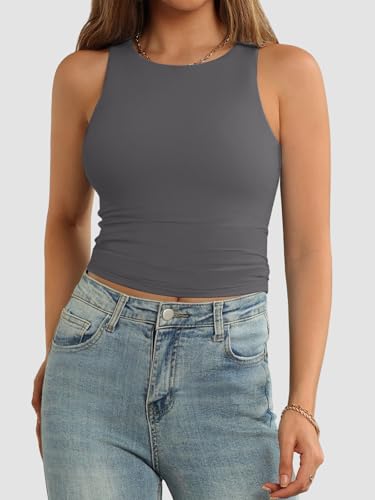 Image of ATHMILE Womens Double Lined Crop Tank Tops Casual Basic Shirts Sleeveless Workout Tops Cute Summer Clothes Teen Girls