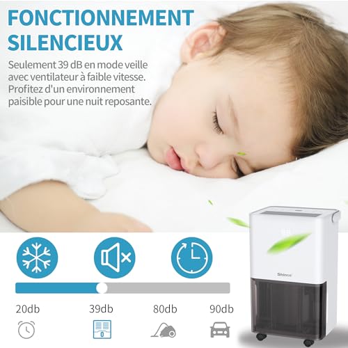 SHINCO Déshumidificateur d'air Silencieux 10L/Jour, Pour Max 15㎡, Fonction de déshumidification, Purification, Sèchage du linge, Minuterie 24h, Réservoir d'eau Transparent, Facile à contrôler – vue 6