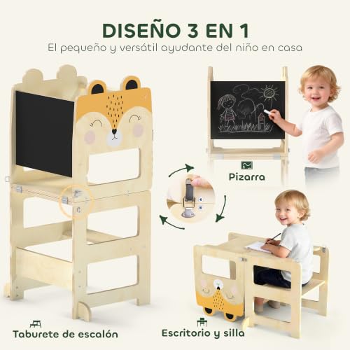 Miniatura 3 de Aiyaplay Torre De Aprendizaje 3 En 1 Plegable, Convertible En Escritorio Y Silla, Taburete De Aprendizaje Para Niños De 2-5 Años Con Pizarra, Dibujos De Zorros, Para Baño, Cocina, Natural
