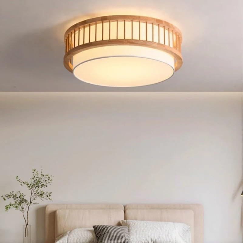Plafonnier rond nordique bois massif et tissu 53cm