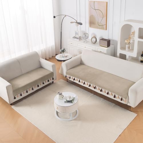 Image of HOKIPO Premium Holland Velvet Sofa Cover Mat with Tassel 5 Seater(3+2) | 'TasselTone Series' | Sand Beige (IN-1108+1106-BGE)