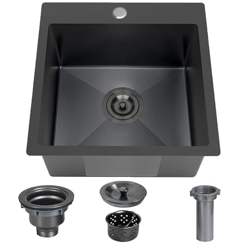 Friho Drop-in Black Bar Sink 18x 18 Inch Small Kitchen Sink Stainless Steel Handmade Single Bowl Topmount RV Kitchen Sinks With Basket Strainer