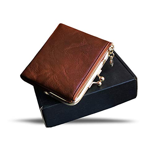 Image of AOXONEL Womens Wallet Small Rfid Ladies Compact Bifold Leather Vintage Coin Purse With Zipper and Kiss Lock, Brown, Small