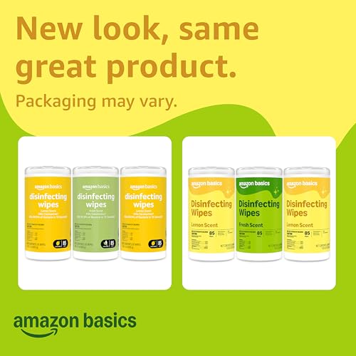 Amazon Basics Disinfecting Wipes, Lemon & Fresh Scent, Sanitizes/Cleans/Disinfects/Deodorizes, 255 Count (2 Packs Lemon, 1 Pack Fresh Scent)