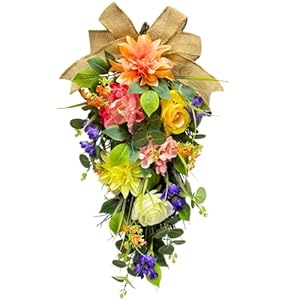 Spring Summer Floral Teardrop Swags Lighted Mixed Flower Teardrop Wreath with Dahlia Pinnata Peonies Rose Burlap Bow and Eucalyptus Leaves Floral Arrangement for Door Wall Mantel Window
