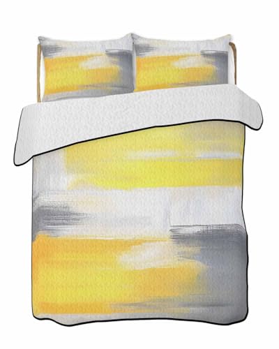 Reversible Down Alternative Comforter Quilted, Abstract Grey Yellow Oil Painting Art Duvet Insert Lightweight Soft Bedspread Throw Blankets WatercolorColor Gradient for All Seasons Bed Sofa Decor