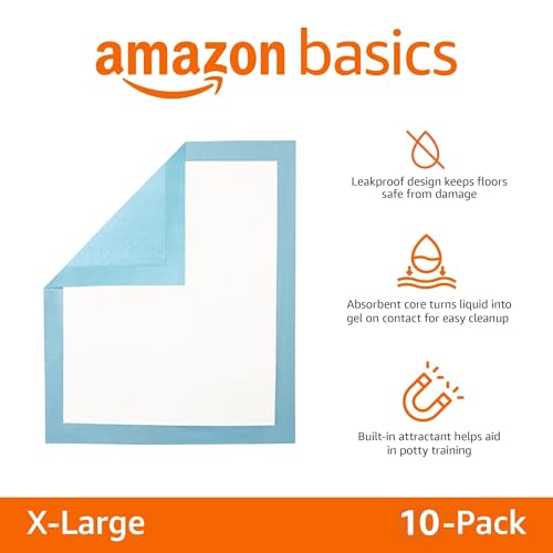 Image of Amazon Basics Puppy Pads, Heavy Duty with 5-Layer Leak-Proof Design, Quick-Dry Surface, Built-In Attractant Potty Pads for Dogs, X-Large, 34 x 28 in., 10-Count
