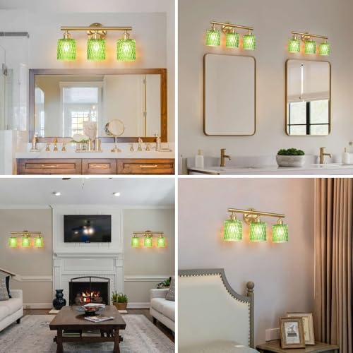 Image of Bathroom Vanity Light, Gold Wall Fixture Over Mirror, Green Glass Shade Lighting with Bulbs Included for Bedroom & Living Room,3-Lights