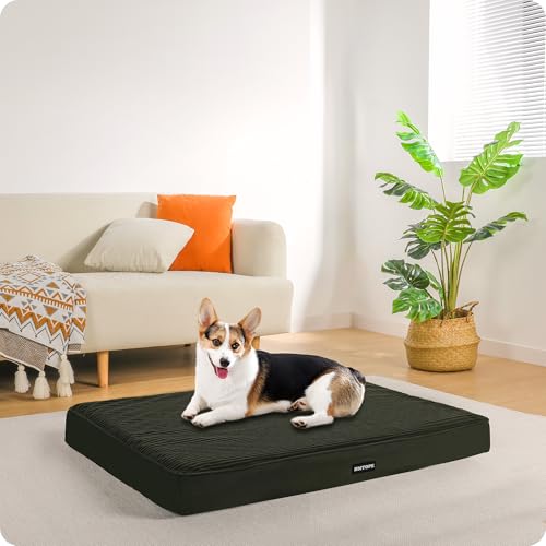 HMTOPE Orthopädisches Hundebett, 9cm Dicke Hundekissen für Mittelgroße Hunde, Abnehmbar und Waschbar Hundematte, rutschfeste Unterseite, Wasserdichtes Innenfutter, 91 cm, Olivgrün