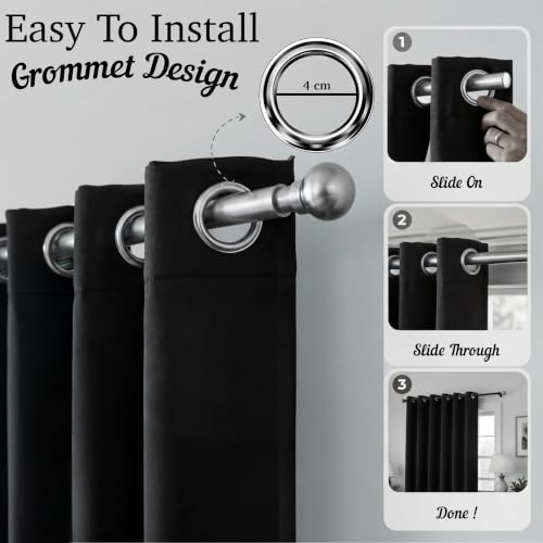 Image of 100% Blackout Window Curtains, 5 Feet, Solid Design, Faux Silk, Thermal Insulated, Noise Reducing Eyelet Door Curtain with Tie Back for Living Room & Bedroom, 115x150cm, Pack of 1 - Black