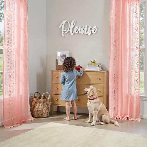 Image of jinchan Winslow Pink Sheer Curtains 84 Inch for Bedroom Living Room Embroidered Bordered Floral Nursery Curtains for Girls Room Dorm Light Filtering, Beige on Pink, 2 Panels, 50W x 84L