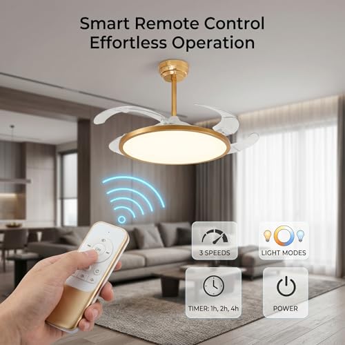 Image of oltao Zyro Slim Retractable Ceiling Fan with BLDC Motor, 3 Colour LED Light, Summer /Winter Mode and Remote, 42 inch Sweep (2026 Model) (Gold)
