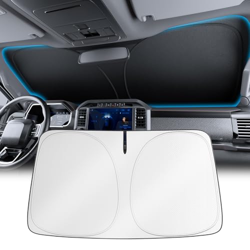 Image of Wigoo 2026 Upgrade Universal Car Windshield Sun Shade [100% Light Block, Durable 210D Oxford] Foldable Heat Insulation Interior Sun Visor to Keep Interior Cool with Storage Bag, M(64 inchx32 inch)