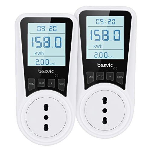 Besvic Misuratore Consumo Elettrico, 3680W Misuratore Consumo di Corrente Elettrica con Schermo LCD Retroilluminato, 7 modalità di Monitoraggio, Protezione da Sovraccarico【2 Pezzi】