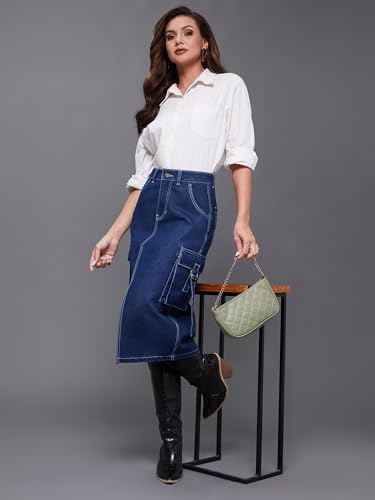 Image of Miss Chase Women's Straight-Fit High-Rise Stretchable Denim Midi Skirt