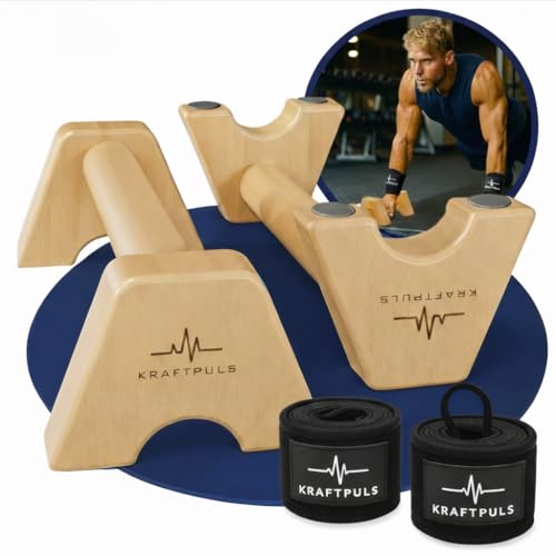 KRAFTPULS Parallettes inkl. Wrist Wraps - als Calisthenics Equipment rutschfeste & nachhaltige Liegestützgriffe und Handstand Griffe - ideal als Calisthenics Griffe
