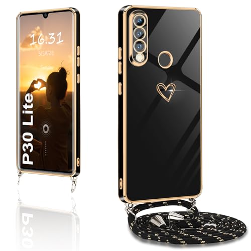 XCYYOO Cover per HUAWEI P30 Lite con Cordino - Custodia Antivibrazione e Antigoccia in TPU con Tracolla, Silicone Cuore Carino - Nero