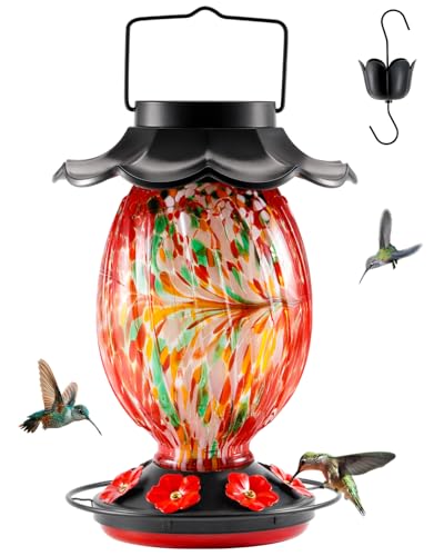 HouseSapp Solar Hummingbird Feeder - 49 fl.oz Hand Blown Glass Color Changing - 7 Feeding Ports with Perch - Never Leak - Perfect Hummingbird Feeder