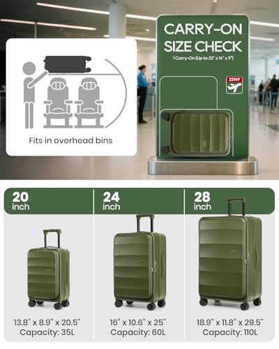 Image of Joyway Luggage Set 3 Piece Top Opening Suitcase Set with Spinner Wheel and TSA Lock, PC Hard Shell Carry on Luggage with Front Pocket for Woman Men (Green)
