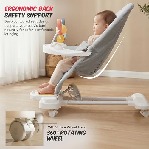 Image of Baybee Nestra Rocker for Baby 0-2 Years| Bouncer with Music & Light Kick Piano | 3 Recline Positions | Removable Toy Tray | Wheels with Safety Lock | Breathable Seat | Foldable Design (Grey)