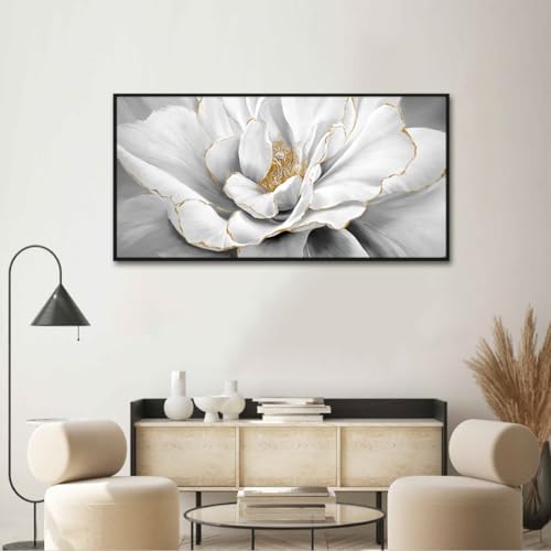 Woxfcart Framed Peony Floral Wall Art, Black and White Dahlias Flower With Gold Accents Print Canvas Artwork for Gray Living Room Bedroom Office Decor, 48 x 24 Inch by Woxfcart - Used condition - Image 4