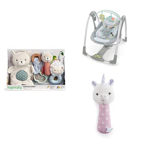 IngenuityCalming Cuddles Gift Set+Swing 'n Go Portable Swing™ - Hugs & Hoots™+Shimmy™ Handheld Rattle