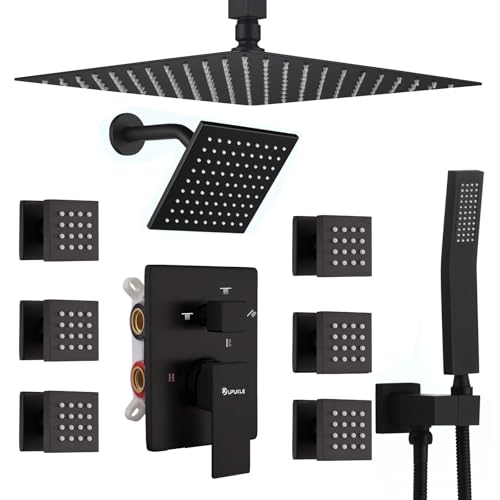 Image of Shower System Matte Black Dual Shower Head with Body Jets, Oupukle Four Modes Shower Faucet Set Ceiling Mount 12 inch Rain Shower Head & 6 inch Wall Mounted Head with 6PCS Body Jets