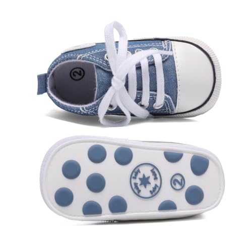 Image of Unisex Baby Boys Girls Shoes, Newborn Infant Non-Slip Canvas Denim High Top Sneakers, Toddler First Walkers Shoes