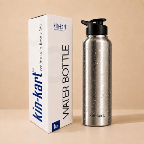 Image of Kin-Kart Water Bottles 1000 ml Stainless Steel Water Bottle 1 Litre | Eco friendly Steel BPA Free Leakproof Water Bottles for School, Office, Home, Gym (Asian, SILVER)