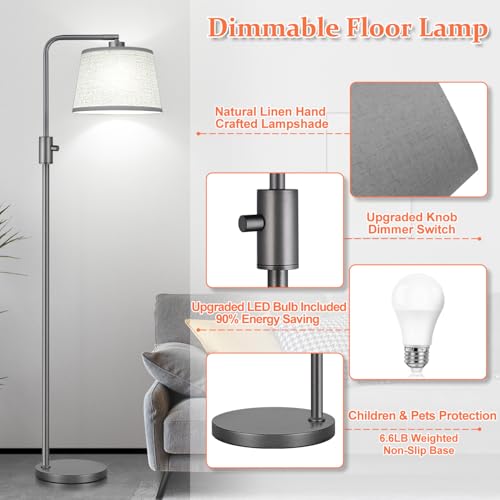 Image of 【Upgraded】 Dimmable Floor Lamp, 1000 Lumens LED Edison Bulb Included, Arc Floor Lamps for Living Room Modern Standing Lamp with Linen Shade, Tall Lamps for Living Room Bedroom Office Dining Room-Grey