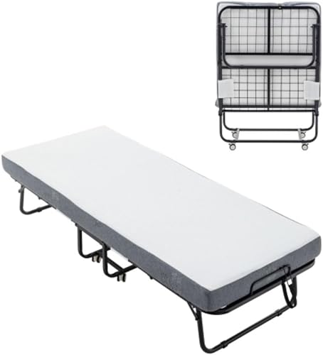 Cama plegable con colchón para adultos, 75 x 31 pulgadas, cama plegable de marco de metal para invitados con colchón de espuma viscoelástica sobre