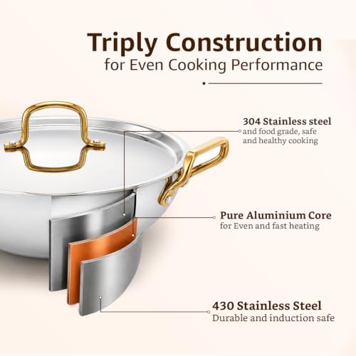 Image of Amazon Brand - Solimo Premium Triply Stainless Steel Kadhai 28cm (4.3L) | SS Lid | Even Heating | Gas & Induction Compatible | Dishwasher Safe | Food Safe SS 304 | Elegant Golden Handles | BIS Certified