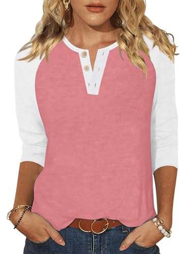 Halife 3/4 Length Sleeve Womens Raglan Shirt Dressy Casual Button V Neck Summer Tops Baseball Tee Shirts Coral Small