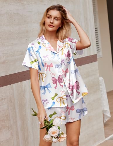 Image of Ekouaer Silk Satin Pajamas 2 Piece Pajamas for Women Set Button Down PJ Short Sleeve and Shorts Pjs Lounge Sets