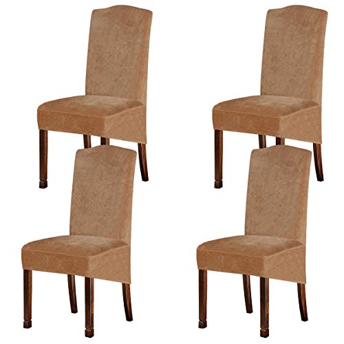 KELUINA Extensibles XL Housses de Chaise en Velours pour chaises de Salle à Manger, Grande chaises Hautes en Spandex, Housses de Protection avec élastique(Chameau, Set of 4) Cover