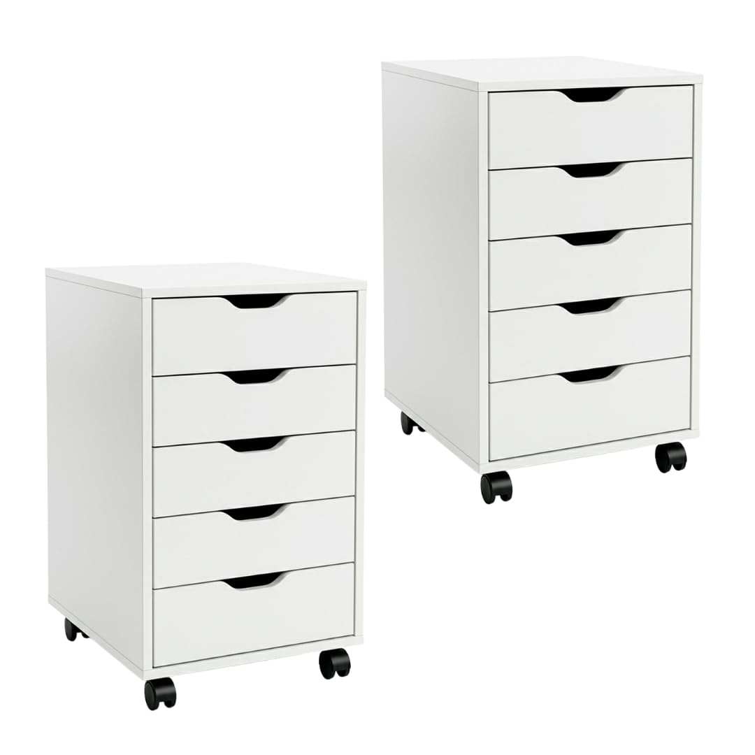 Marctani Cassettiera da scrivania bianca con 5 cassetti e ruote, mobile per ufficio in legno da sotto tavolo, cassettiera piccola e stretta (fondo 30 cm), mobile stampante con ruote (X2)