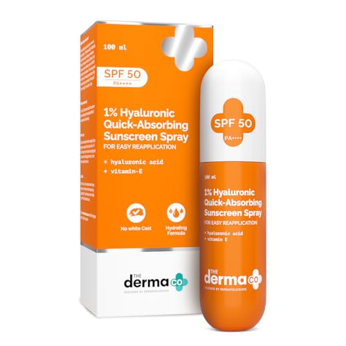 The Derma Co. 1% Hyaluronic Quick-Absorbing Sunscreen Spray |Hyaluronic Acid & Vitamin E | SPF 50 & PA++++ | No White Cast | Hydrating Fluid | Easy Reapplication | Face & Body | All Skin Types-100 ml