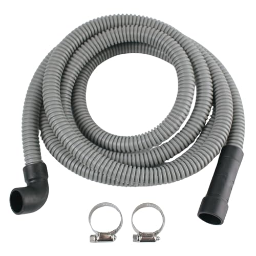10 FT Dishwasher Drain Hose with 90 Elbow Connector & 2 Stainless Steel Clamps - Universal Replacement Discharge Hose Fits 5/8 7/8 1 Drain Outlets - Heavy-Duty Corrugated Flex Tube