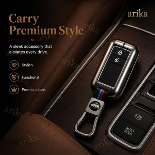 Image of Arika Premium Metal Car Key Cover Compatible with Maruti Suzuki Baleno Swift Dzire Brezza Fronx Grand Vitara XL6 Ertiga Celerio Ignis & Toyota Glanza Hyryder Rumion Smart Key Protector Case Black