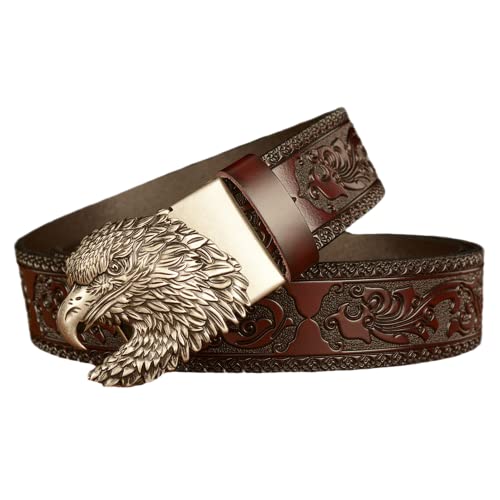 Mens Leather Ratchet Belts Western Floral Engraved Embossed Strap with Holeless Automatic Buckle Carved 3D Eagle Head(110cm/waist:36