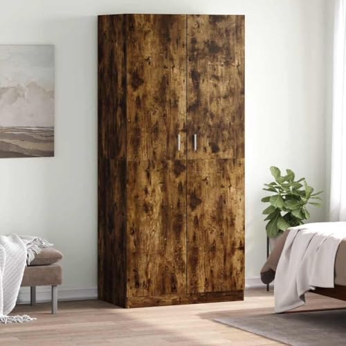 Lumanois Garde-Robe Chêne Fumé 90 x 52 x 200 cm Bois d'Ingénierie, Armoire Penderie 2 Portes Barre Suspension, Meuble Chambre Rangement Vêtements...
